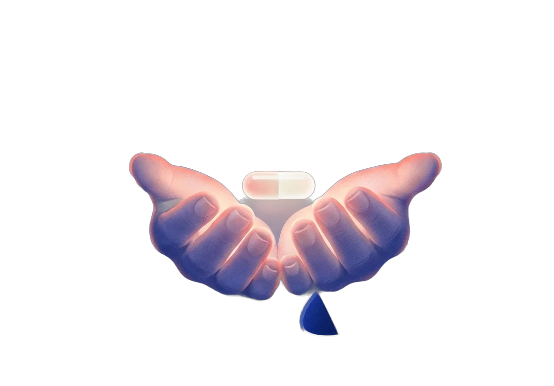 Two cupped hands holding a single glowing capsule