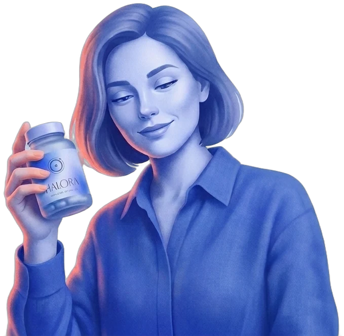 The woman smiles, holding the Halora bottle