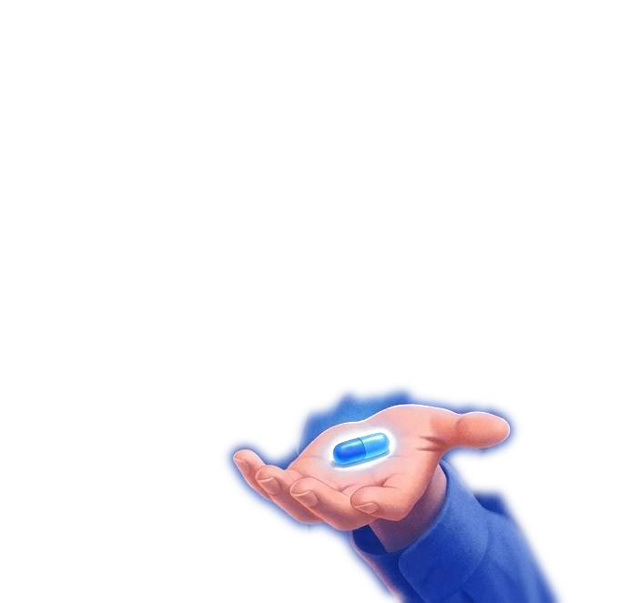 Her open hand offering a single blue capsule