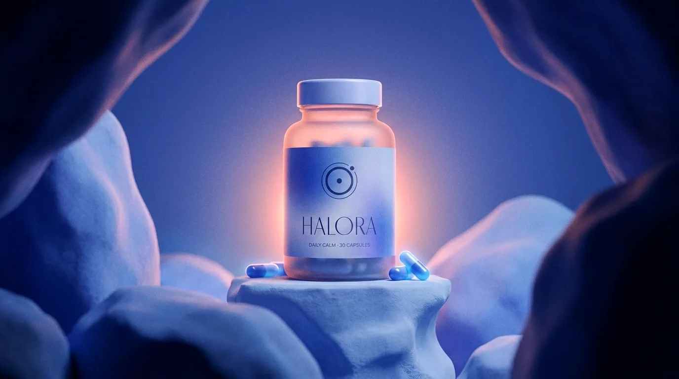 The Halora bottle on a stone pedestal between soft blue rocks