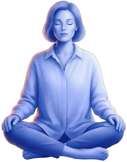 The same woman seated cross-legged in meditation, a soft halo behind her