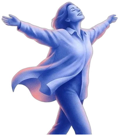 The woman walking along the beach at sunrise, arms wide open, shirt moving in the wind